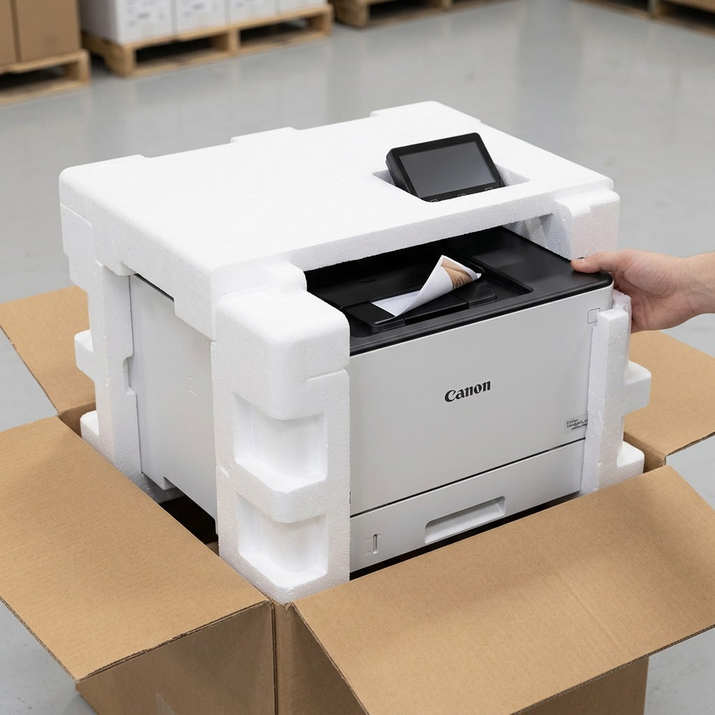 A close-up unboxing scene of a Canon LBP674CDW laser printer being removed from its shipping box, showing internal protective foam. The Canon logo and touchscreen are visible.