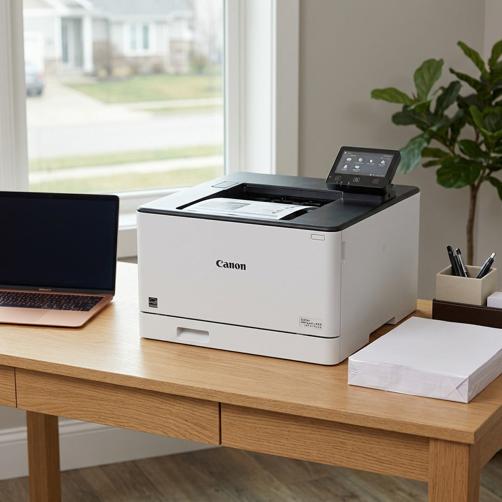 High-resolution lifestyle image of the Canon imageCLASS LBP674Cdw on a home office desk.
