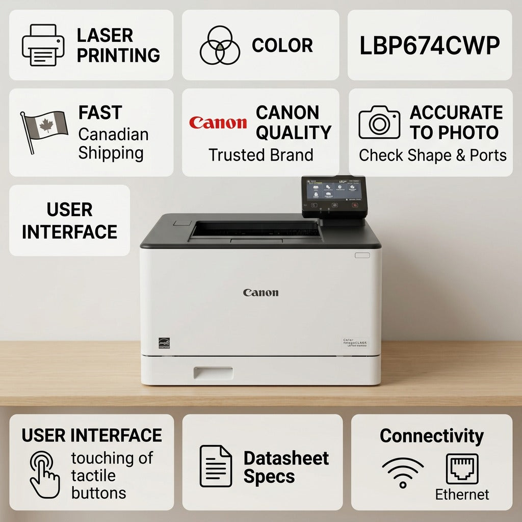 Info graphic matrix for Canon LBP674CDW printer, highlighting trust, features, and fast delivery.