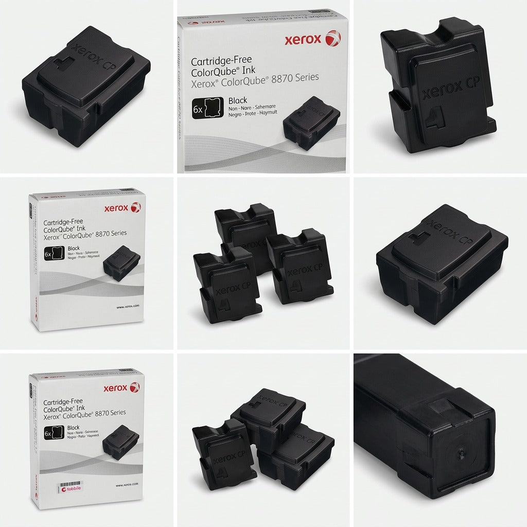 A visual grid showing the Xerox 108R00953 ink box and six black sticks from multiple useful angles.