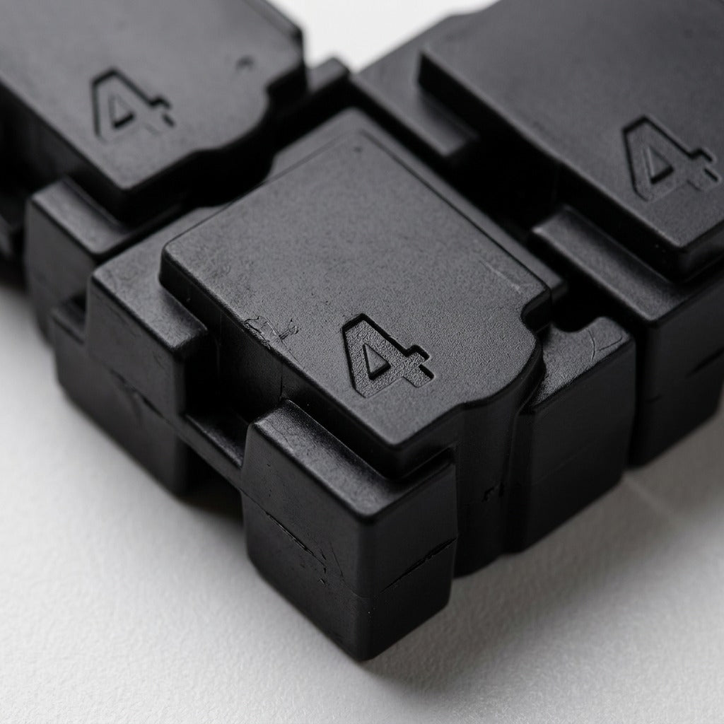 Macro photo showing the intricate multi-faceted, numbered structure of three interlocking black solid ink sticks.