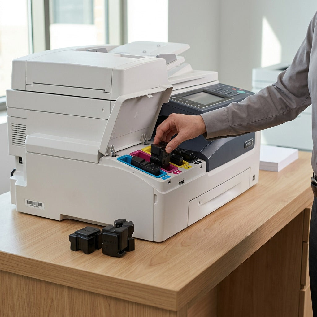 A hand inserts a black Xerox solid ink stick into an office printer's loading bay.