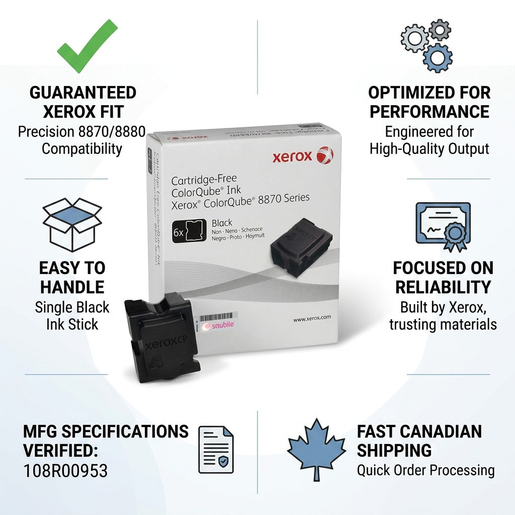 A trust and authority infographic for the Xerox ColorQube Black Ink 108R00953 per the reference visual.