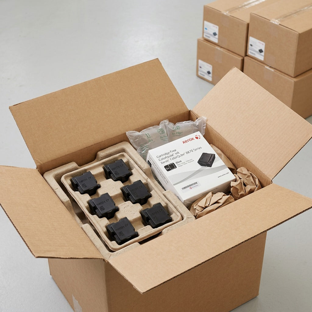 Premium unboxing scene with Xerox Colorqube ink bricks carefully packed in custom-fit foam insert.