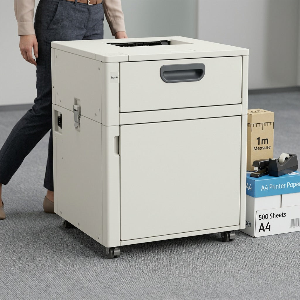 A product photo matching the canonical image of the Xerox feeder cabinet, standing next to a standard ream of A4 paper for clear scale reference. The background is a clean, neutral office environment. The lighting is soft and even. No on-image text is present.