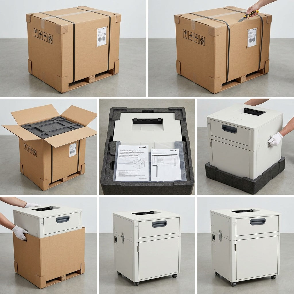 A realistic photographic sequence showing the Xerox Oversized High Capacity Feeder being carefully removed from a large, protective padded shipping carton, ready for installation.