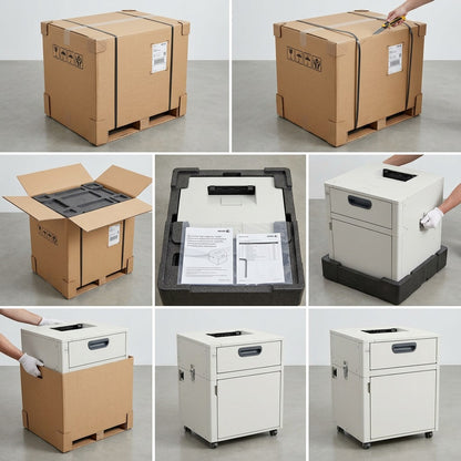 A realistic photographic sequence showing the Xerox Oversized High Capacity Feeder being carefully removed from a large, protective padded shipping carton, ready for installation.