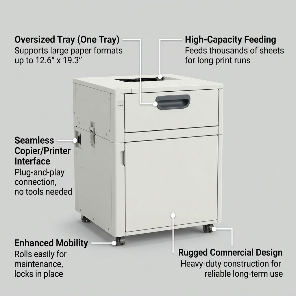 A PDP infographic image of a Xerox high-capacity feeder unit, with callout lines highlighting key operational features like media tray and interface with benefits explained in brief labels.