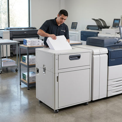A lifestyle photo shows the Xerox Oversized paper feeder integrated with a Xerox production press in a facility.