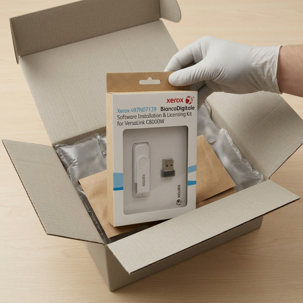 A top-down view of the Xerox Biancodigitale software kit being securely unboxed from a well-cushioned shipping box.