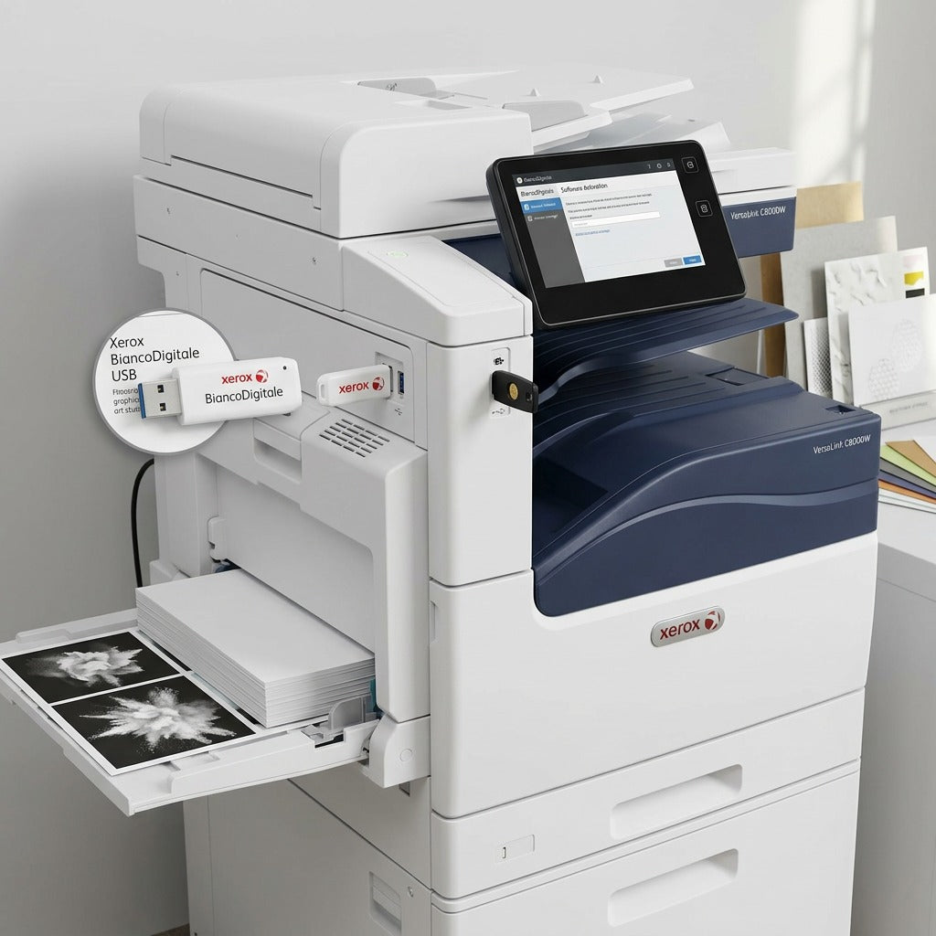Lifestyle photo of Xerox USB kit and key plugged into a VersaLink C8000W printer for a white paper project, with soft focus test prints displaying white text.