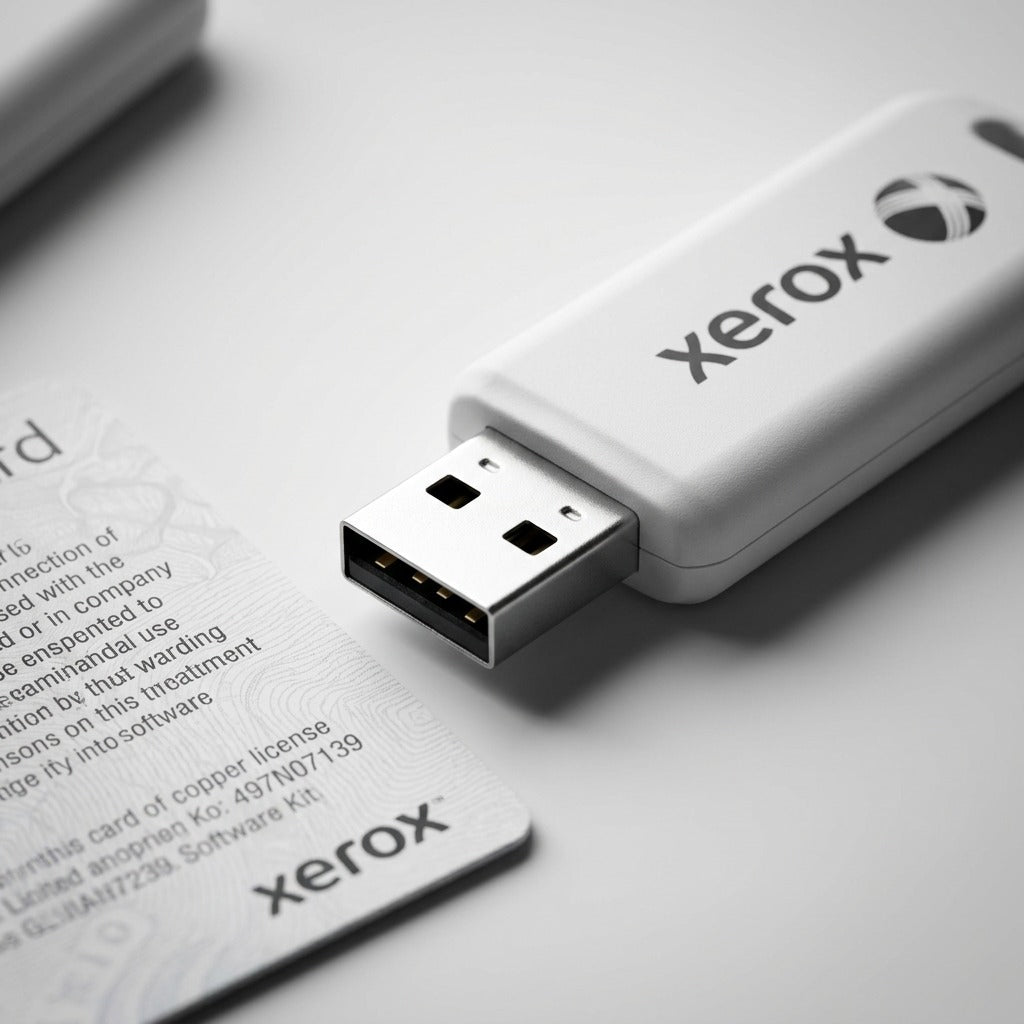 Extreme close-up of a white Xerox-branded key and data card showing textures and connectors