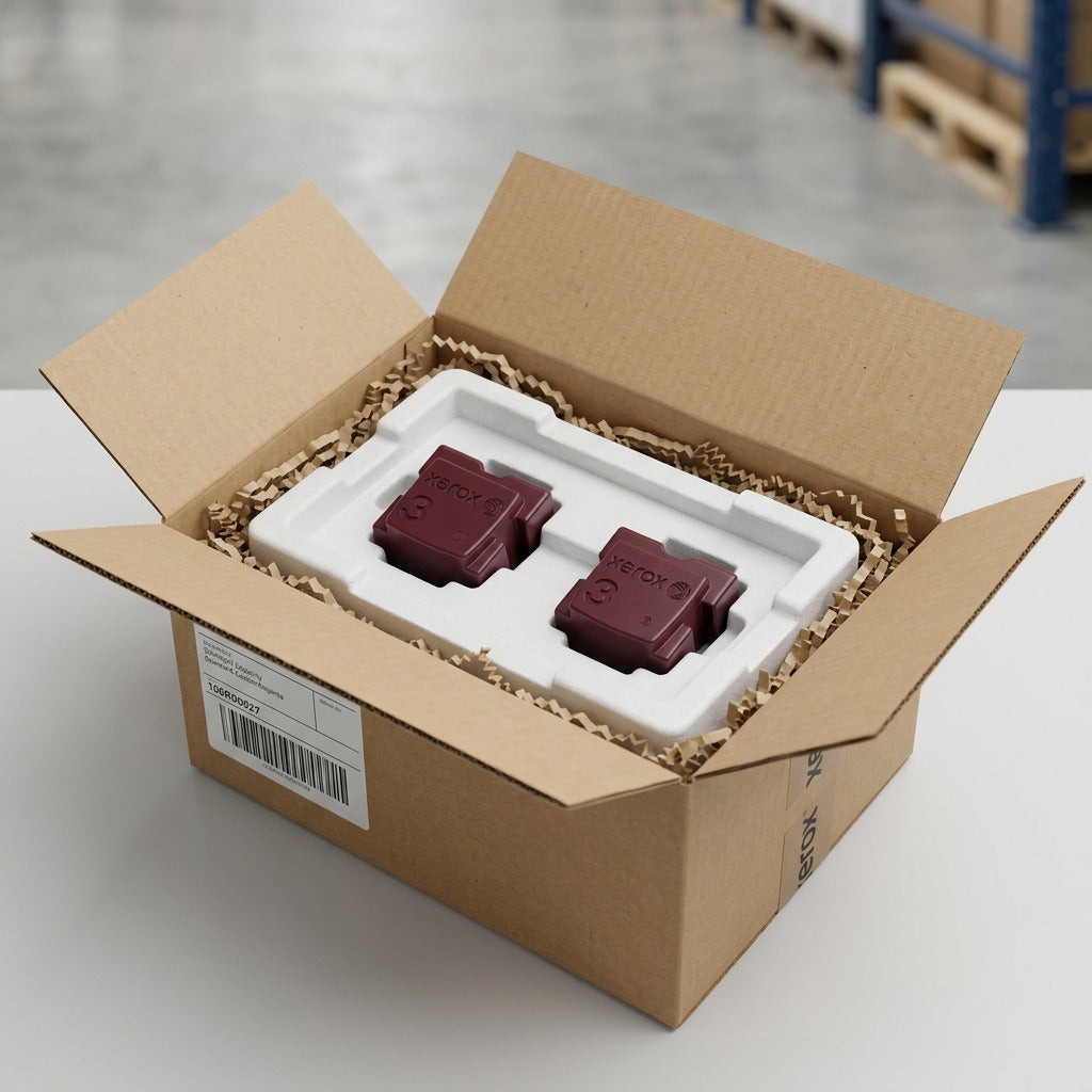 Realistic ecommerce visual: Xerox 108R00927 Magenta Solid Ink sticks, precisely as specified including shape and embossed 'Xerox 3' logo, are shown securely nestled in protective foam inserts within an open shipping carton, illustrating safe unboxing.
