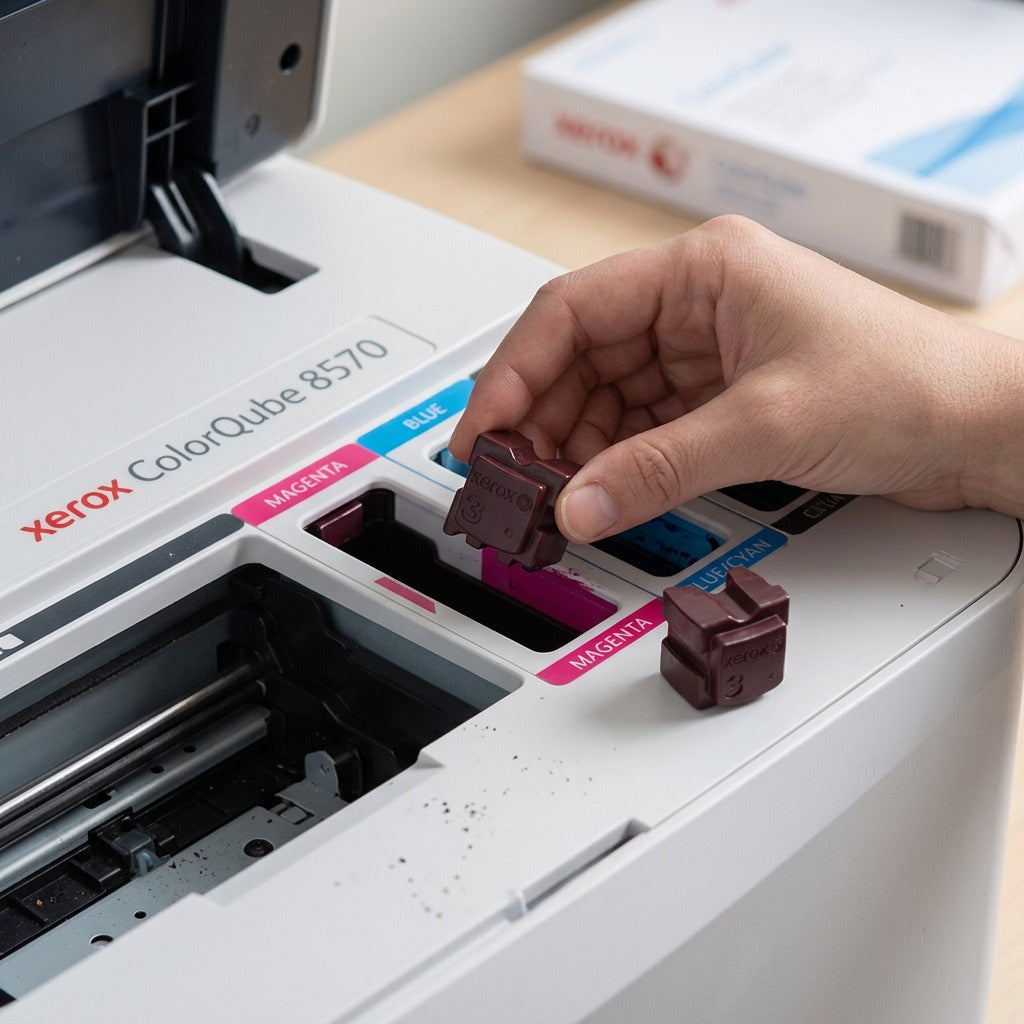 A pair of realistic dark maroon-red Xerox 108R00927 Magenta Solid Ink sticks, accurately detailed, rest in natural light near the open chamber of a Xerox ColorQube printer, showcasing a simple replacement task.