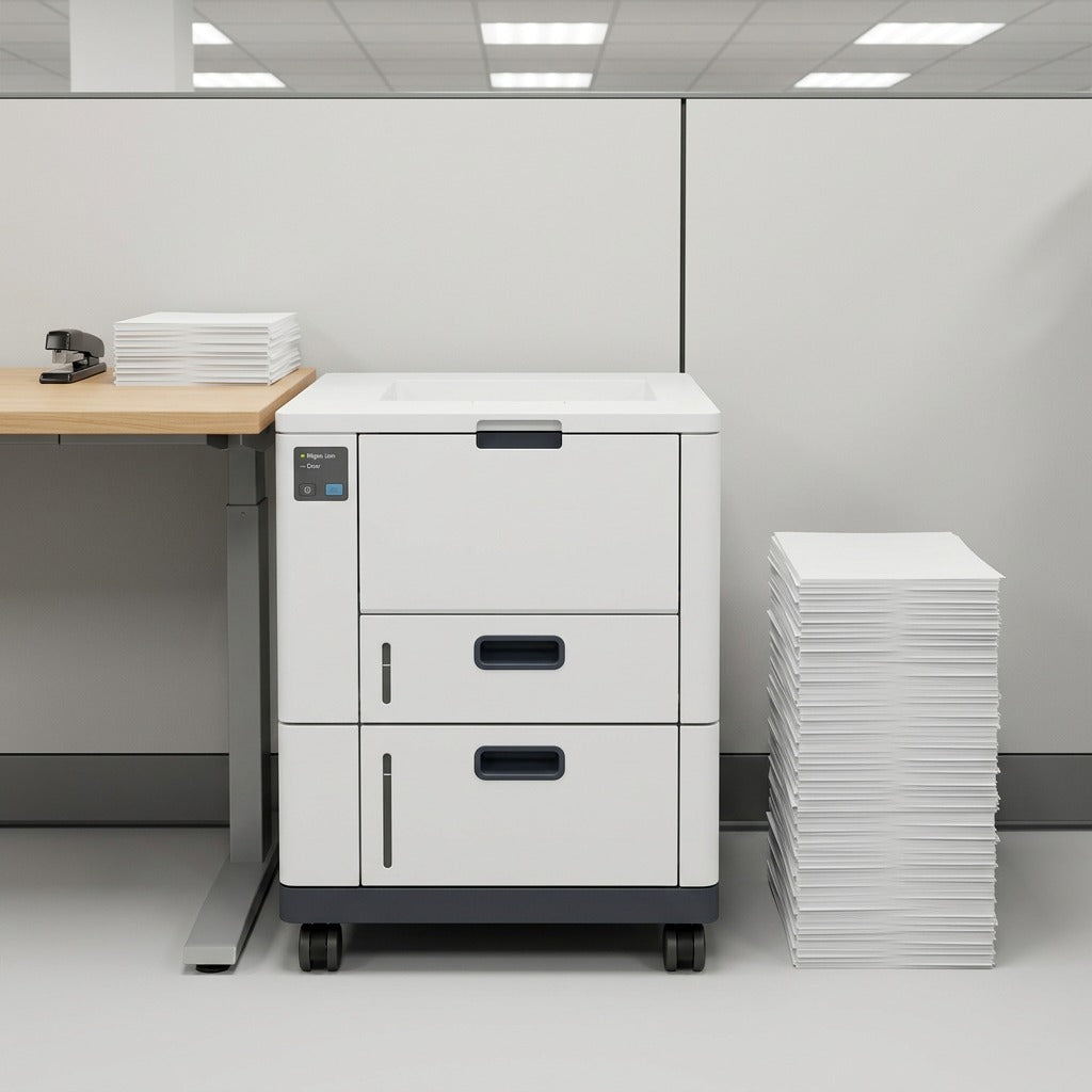 A scale view of the 497K24 feeder, which is standing beside a standard wooden office desk with a large paper stack.