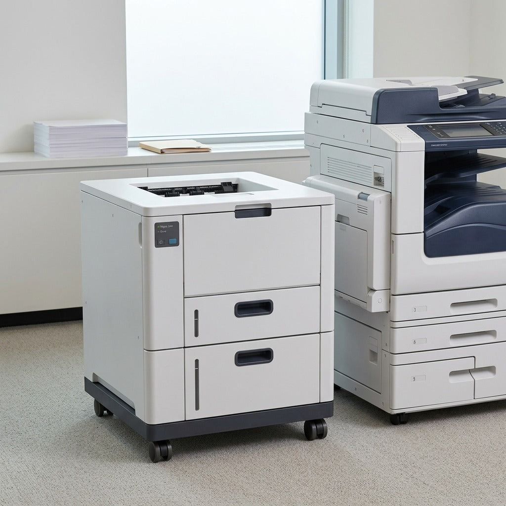 Xerox Oversize High Capacity Feeder on casters in a bright, modern office with a large multi-function printer and window background.