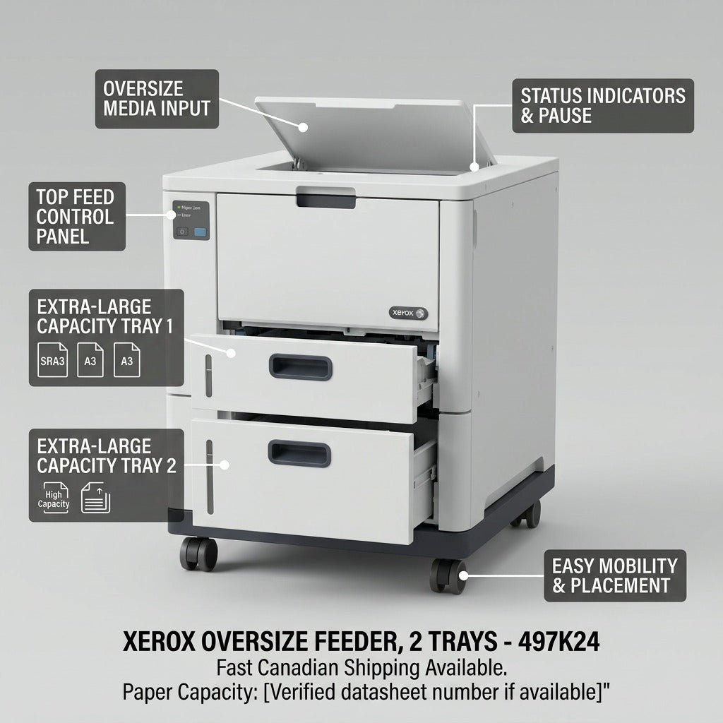 An ecommerce feature diagram with pointers to key parts of the Xerox 497K24 feeder, highlighting its two large tray capacity for oversize media.