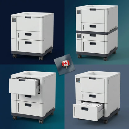 Xerox High Capacity Feeder configuration matrix in a grid, showing single unit, stacked 4-tray, and open drawer views against a navy and teal background.