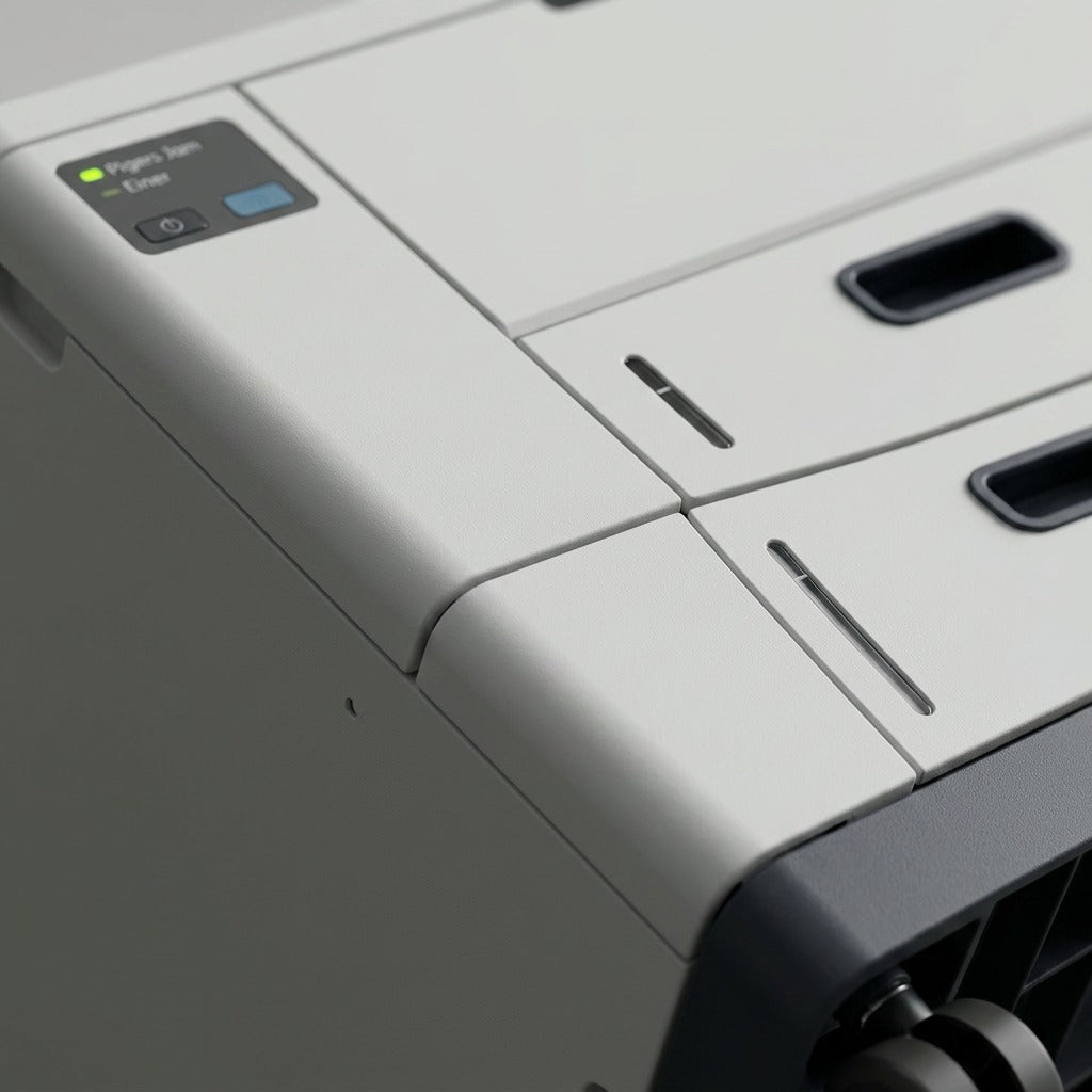 Extreme close-up of Xerox feeder panel, focusing on precise seams, status LED, and material texture.