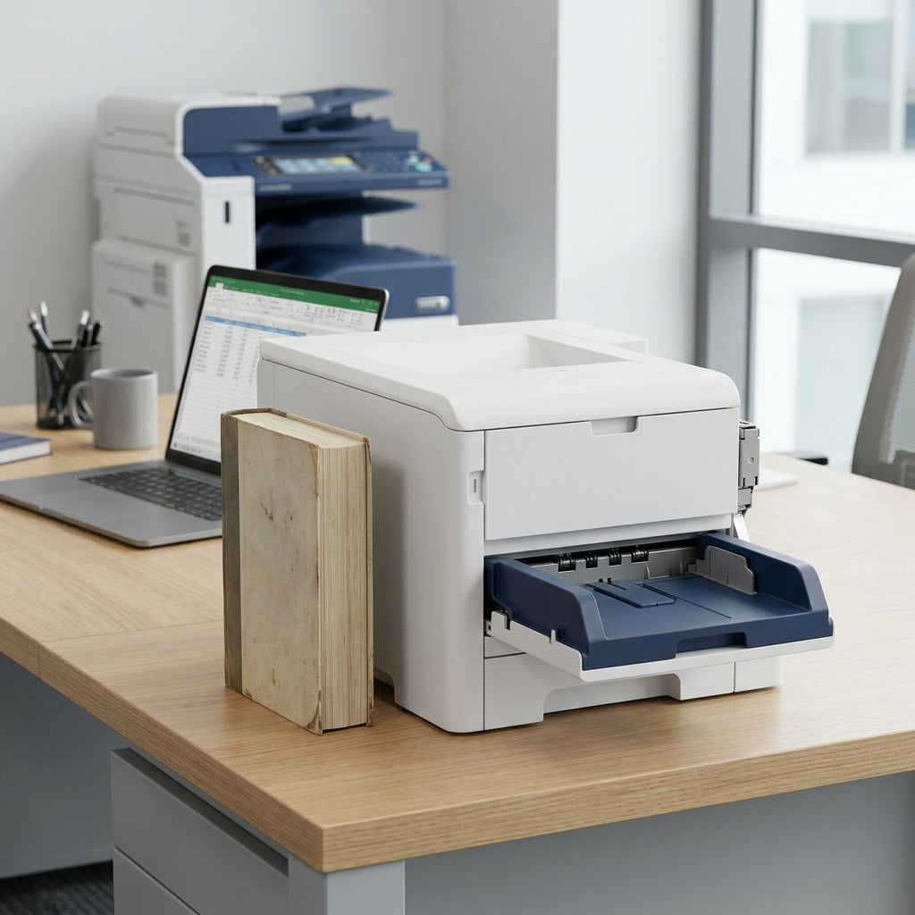 A realistic photograph showing the Xerox printer from image_0.png on an office desk, positioned next to a standard hardcover book for size reference, with a laptop and other equipment blurred in the background. The scene is lit by natural light, emphasizing materials and proportions without logos or text. The extended paper tray detail is clearly visible.