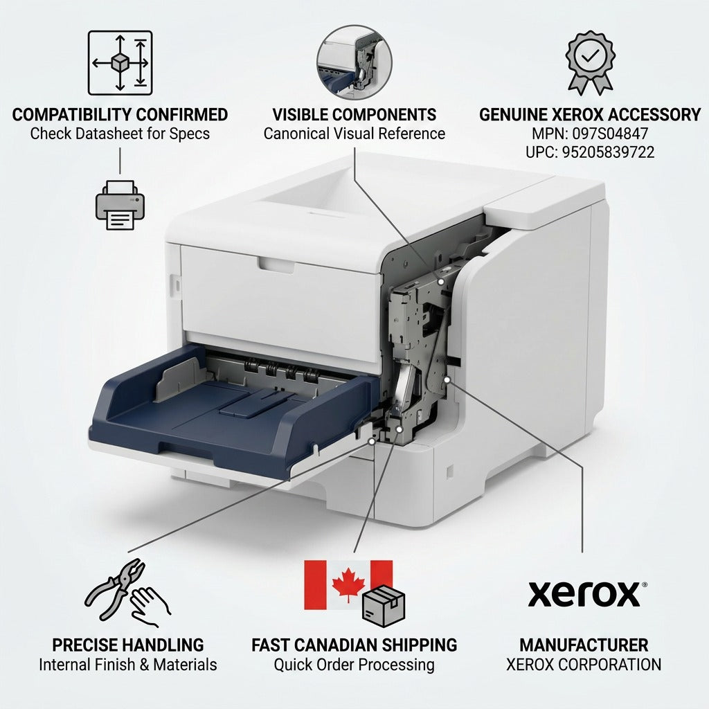 Trust and authority infographic featuring the Xerox Integrated Office Finisher 097S04847.