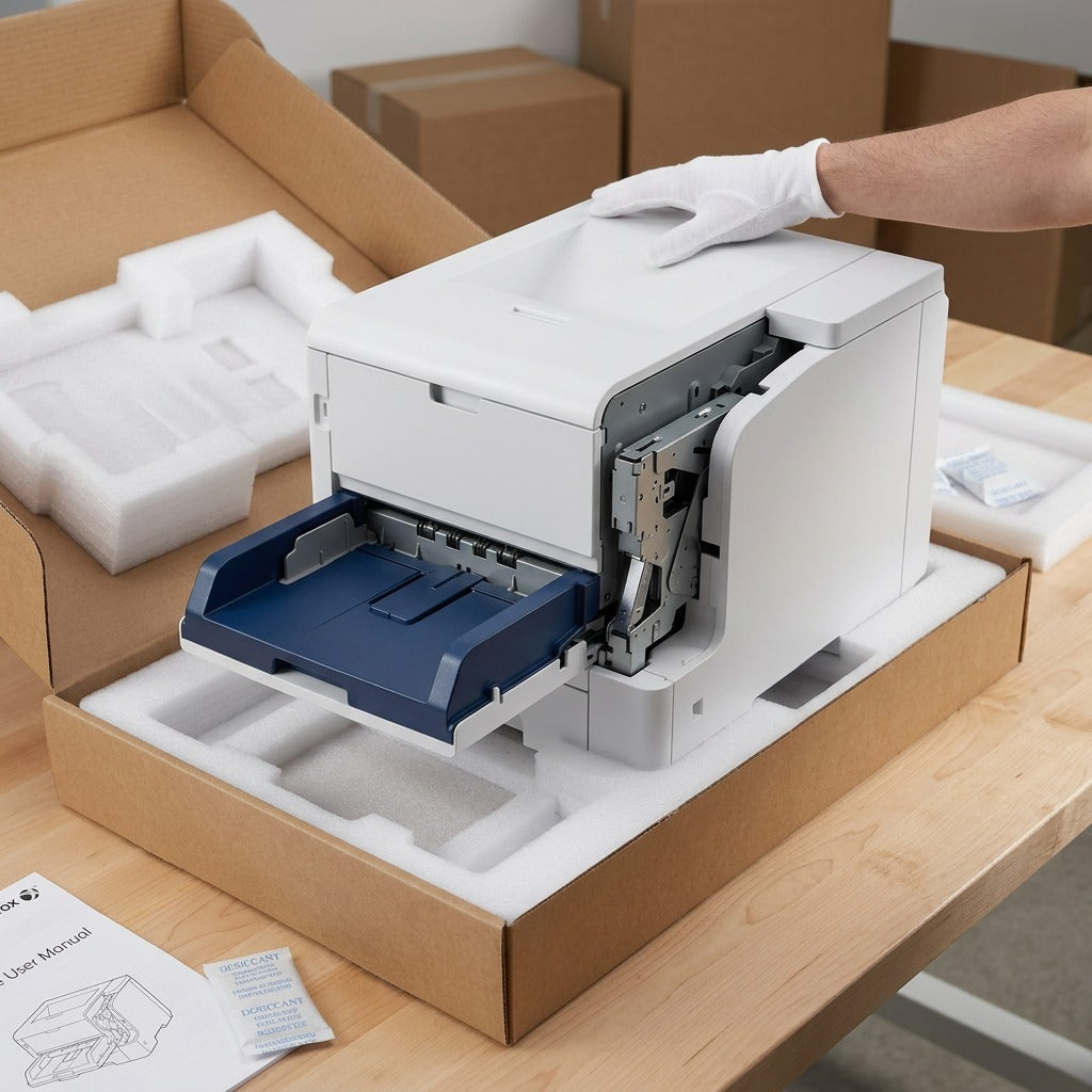 A premium unboxing view showing the Xerox finisher being lifted from its custom protective foam.