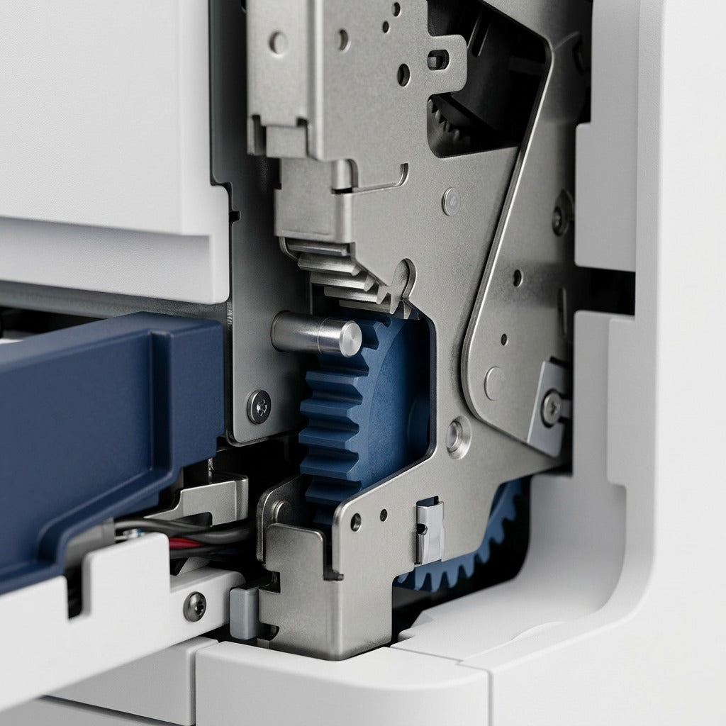 A detailed macro close-up of a precision metal mechanism and intricate gear details on a Xerox finisher.