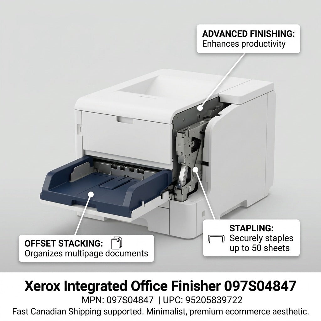 Operational callout image for Xerox 097S04847, highlighting offset stacking, 50-sheet stapling, and advanced finishing.