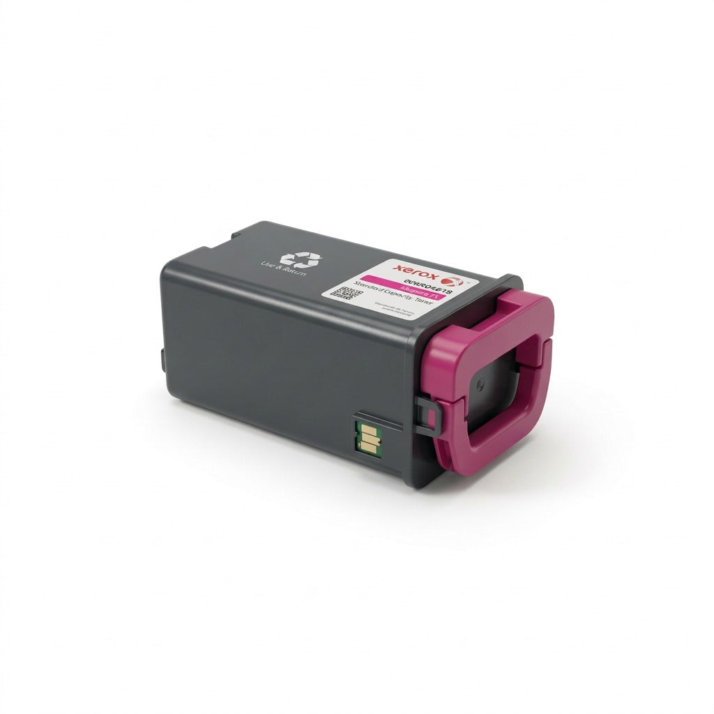 A high-resolution, pure white background product image of the Xerox Genuine Magenta Standard Capacity Toner Cartridge, featuring its dark grey body, magenta end piece, and visible contact points, rendered as a centered ecommerce hero shot.