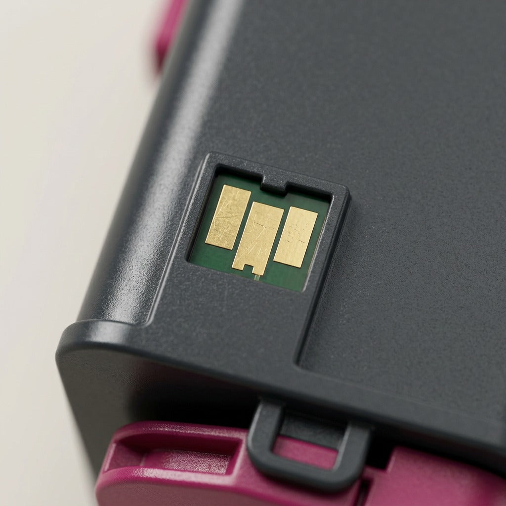 Extreme close-up of the gold-plated electrical contacts on the Xerox magenta toner cartridge.