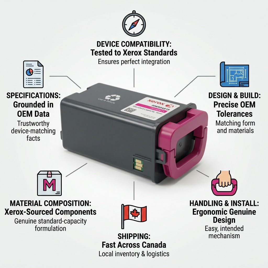 Infographic of Xerox 006R04618 magenta toner with icons for specs, compatibility, build, handling, and Canadian shipping.