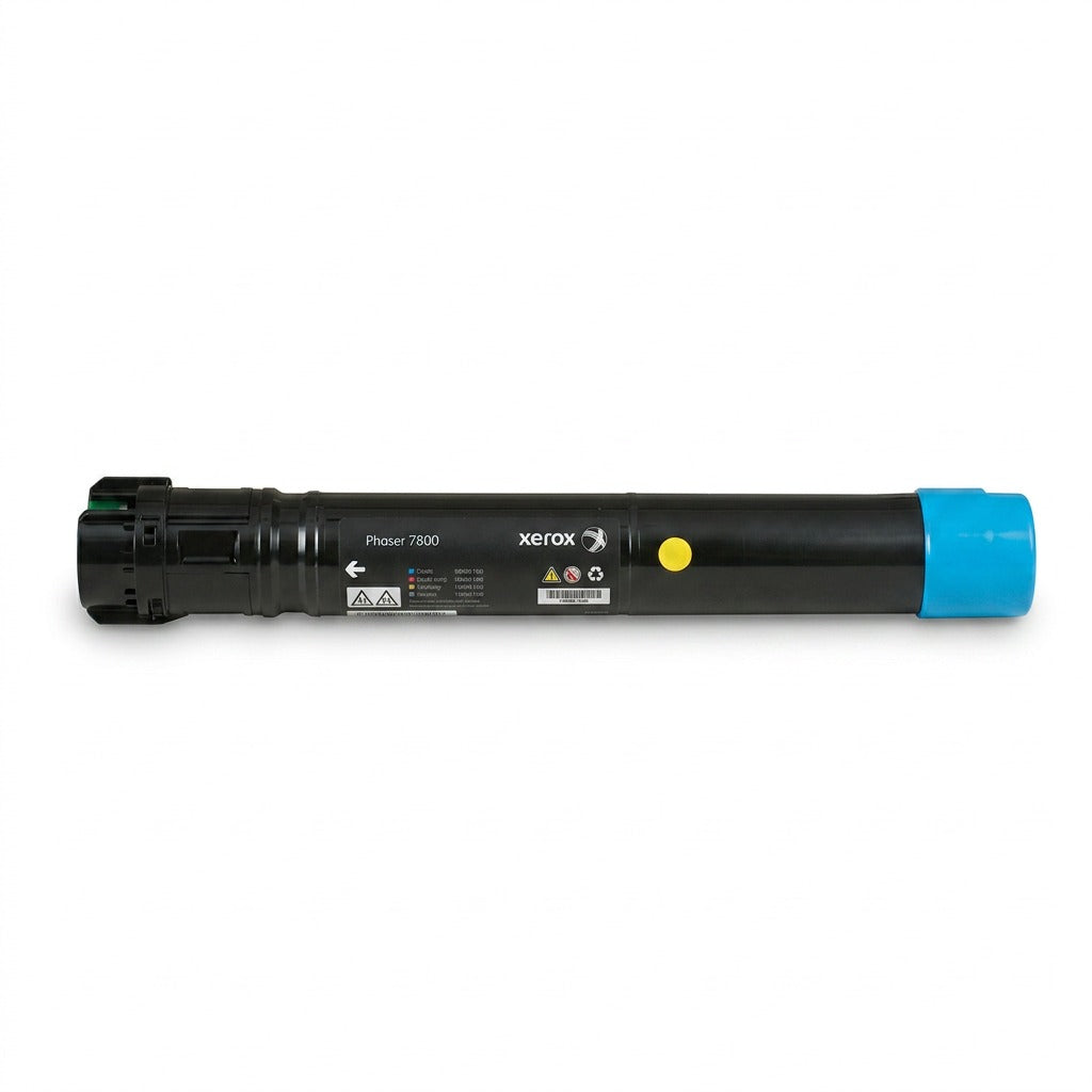 A crisp, high-resolution hero shot of an unboxed Xerox 106R01566 cyan toner cartridge on white.