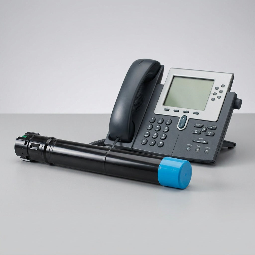 A scale-reference image showing a Xerox 106R01566 cyan toner cartridge next to a realistic desk phone.