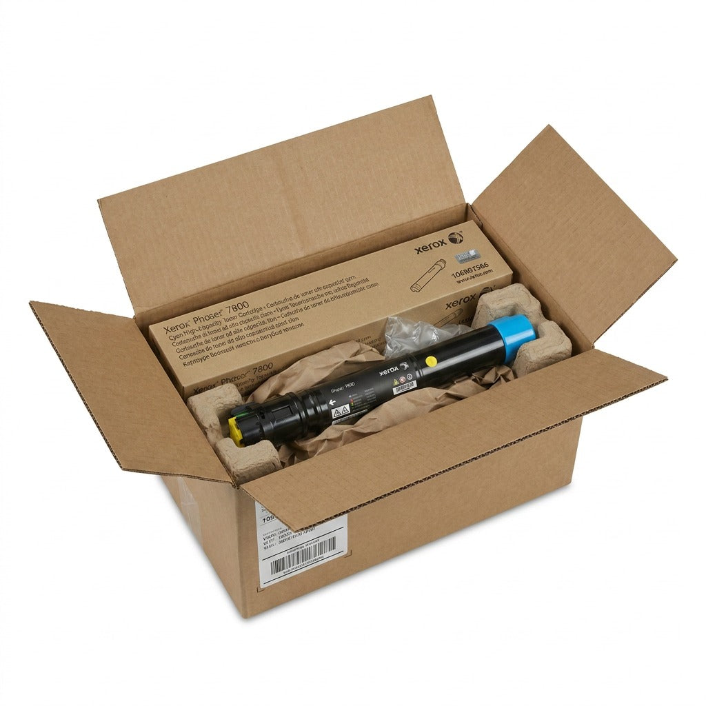 A high-resolution product shot showing the specific Xerox toner, its brown box, and protective foam inserted into an open shipping box, ensuring damage-free delivery.