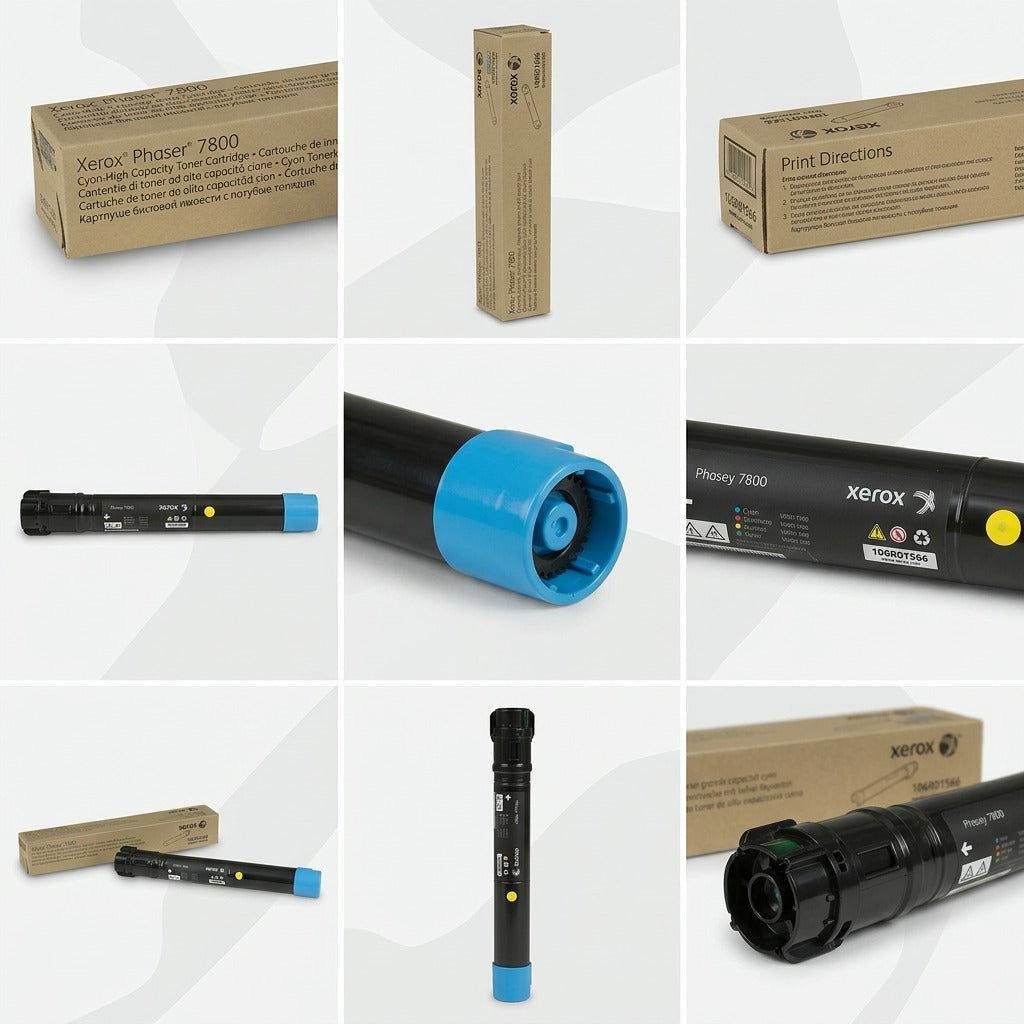 A 3x3 grid displaying the cyan toner cartridge and box from diverse angles: front, profiles, top, bottom, and three-quarter views.