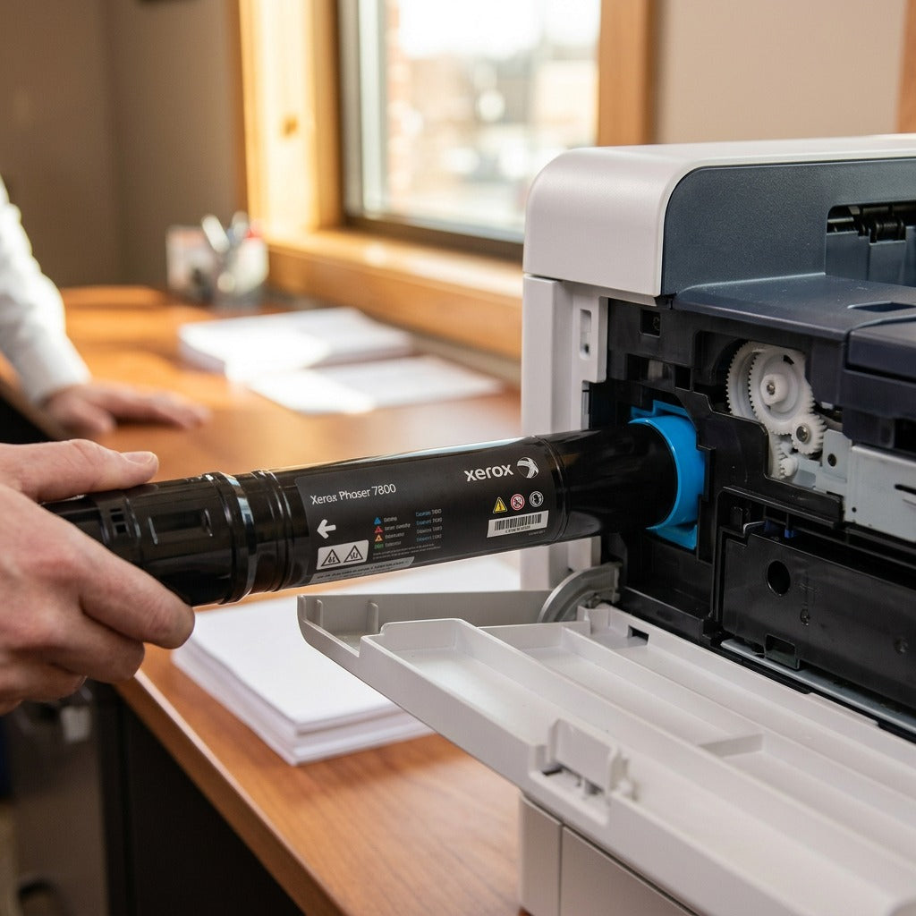 A lifestyle photo of a laser printer user installing the authentic Xerox Phaser 7800 Cyan toner into the internal machinery.