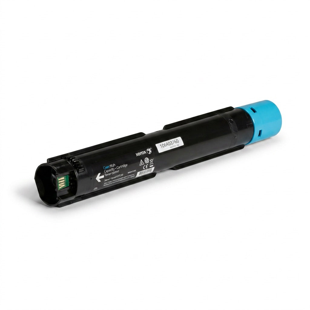 A sharp, high-resolution hero image of the black Xerox 106R03760 Cyan Toner Cartridge, as seen in image_0.png, standing centered on a pure white background with soft shadows, showing its distinct form, labels, and cyan end cap.