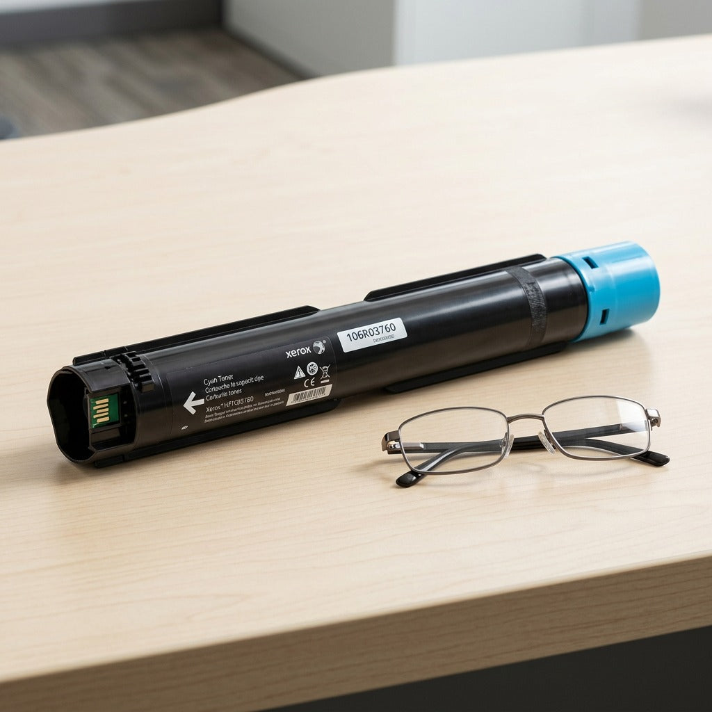 Scale reference photo for Xerox 106R03760 toner cartridge, showing real-world size.