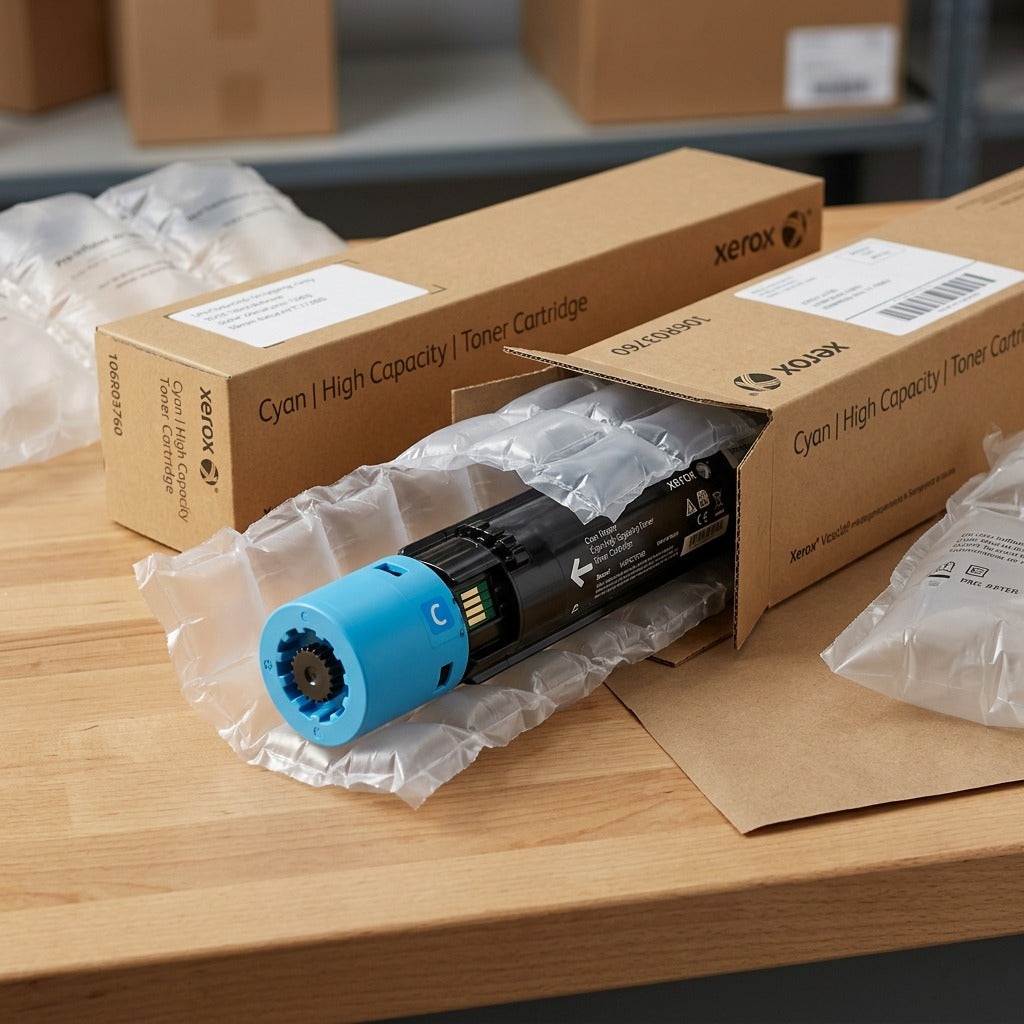 An high-quality photo showing the authentic high-capacity cyan Xerox toner and its brown retail box, with the toner half-withdrawn from protective air-cushion packaging, all resting on a logistics center workbench with shipping labels.