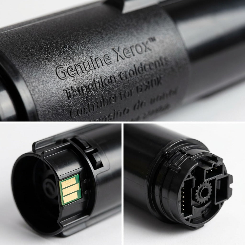 Macro view of Xerox cyan toner cartridge featuring detailed electrical contacts, gears, and embossed text.
