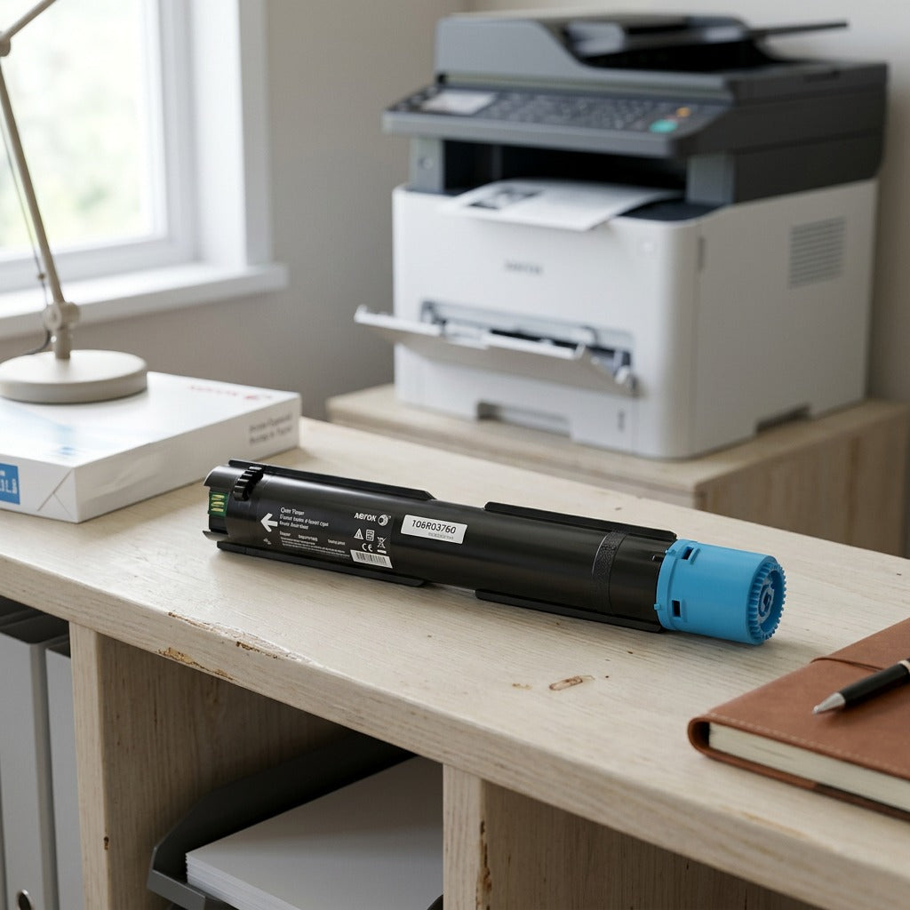 A high-capacity blue Xerox toner cartridge on an office desk, near a printer.