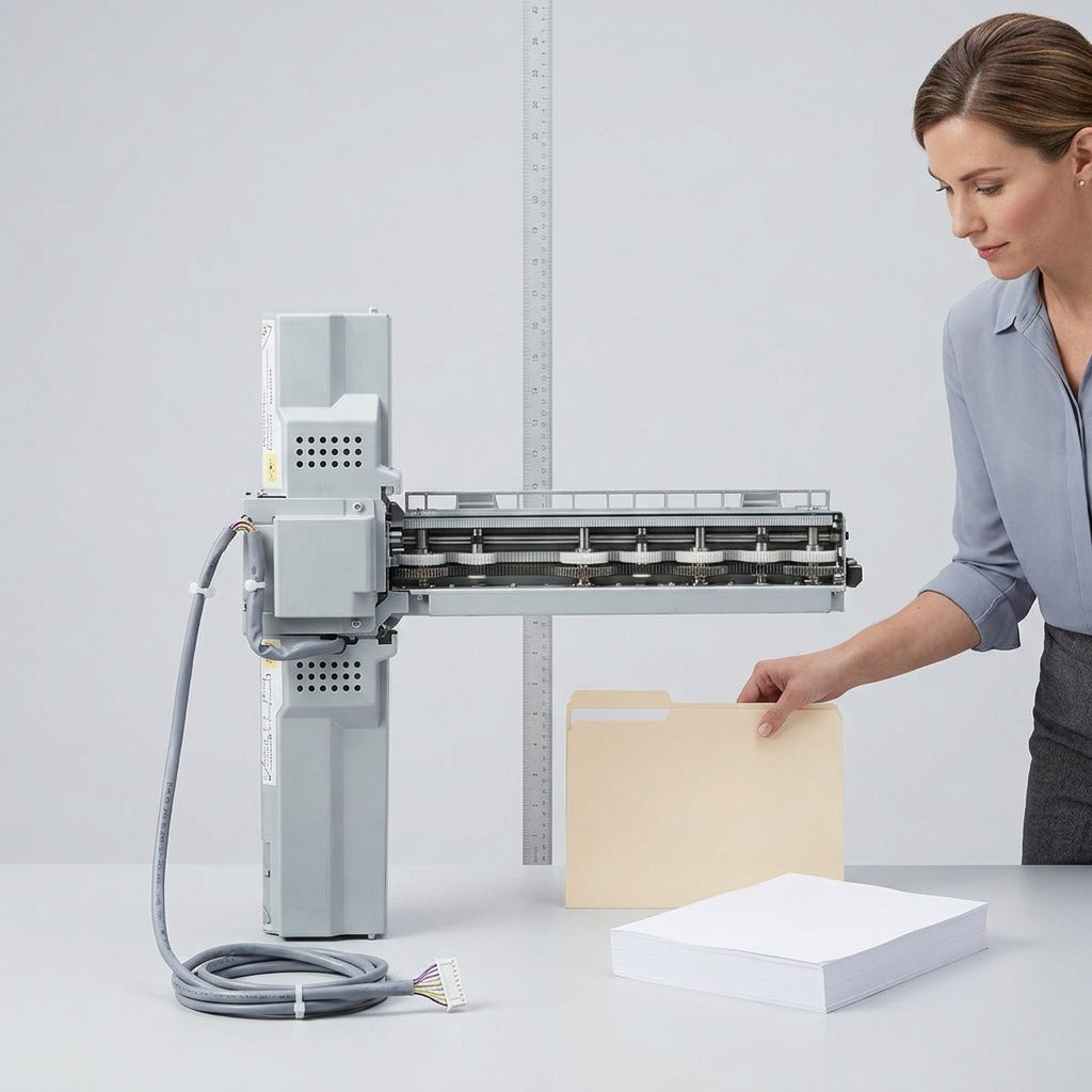 A high-resolution photograph on a clean, light grey studio background, featuring the Xerox 2/3 Hole Punch (MPN: 497K03860) resting vertically on its base beside a standard 12-inch office ruler and a stack of a dozen standard A4 paper reams, with soft, realistic lighting highlighting the punch's mechanical details and plastic/metal textures.