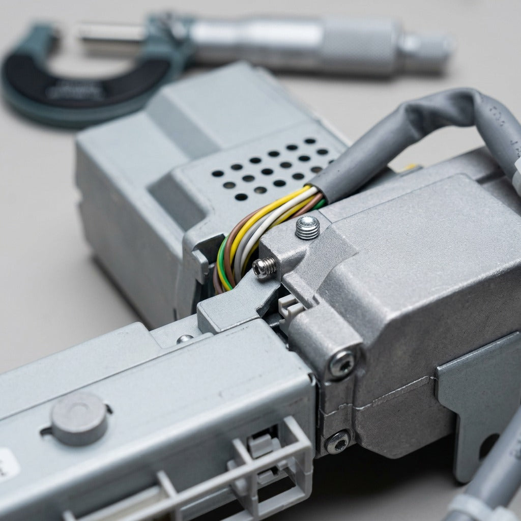 A close-up photograph of the Xerox 2/3 Hole Punch unit's internal motor and gears, showing component precision and wires, with a micrometre blurry in the background. Is a practical inspection scene.