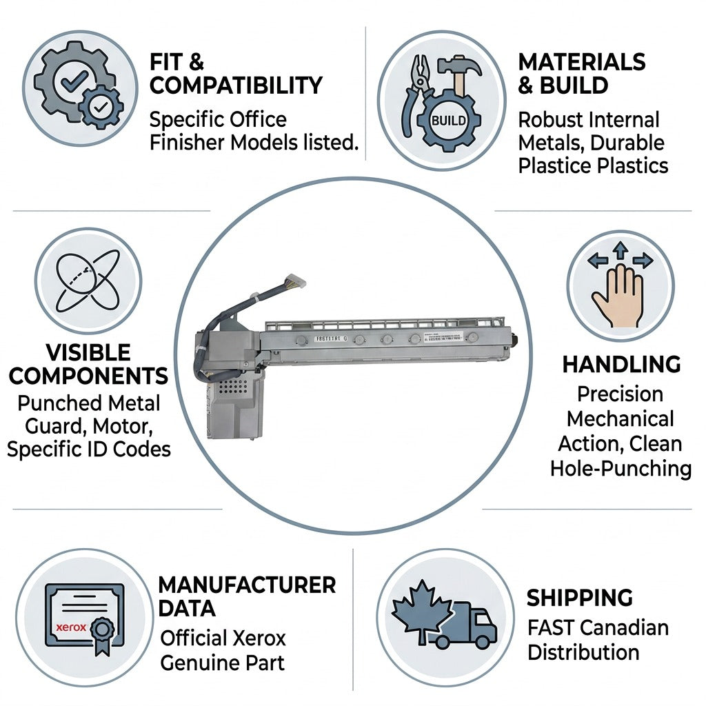 Trust infographic for a Xerox hole punch unit, featuring factual product cues and Canadian shipping.