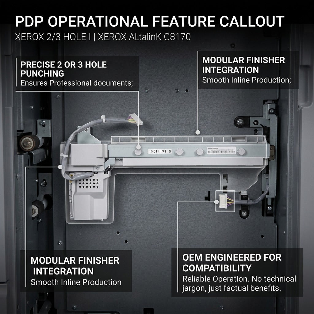 A polished PDP graphic shows the Xerox hole punch installed in an AlmaLink C8170, with clean pointer lines highlighting its precise operation and seamless integration.