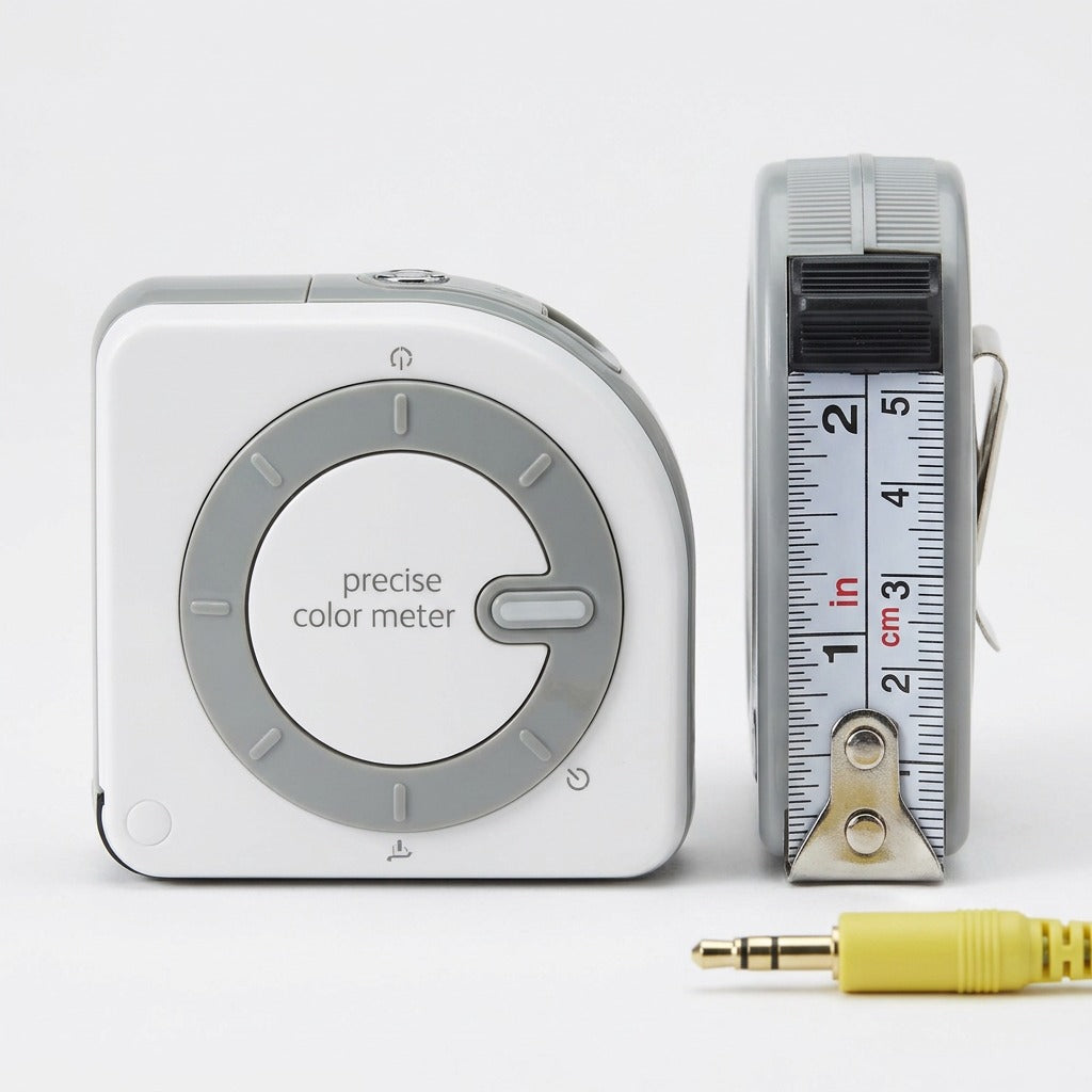A front view of the Xerox Precise Color Meter beside a tape measure and a headphone jack.