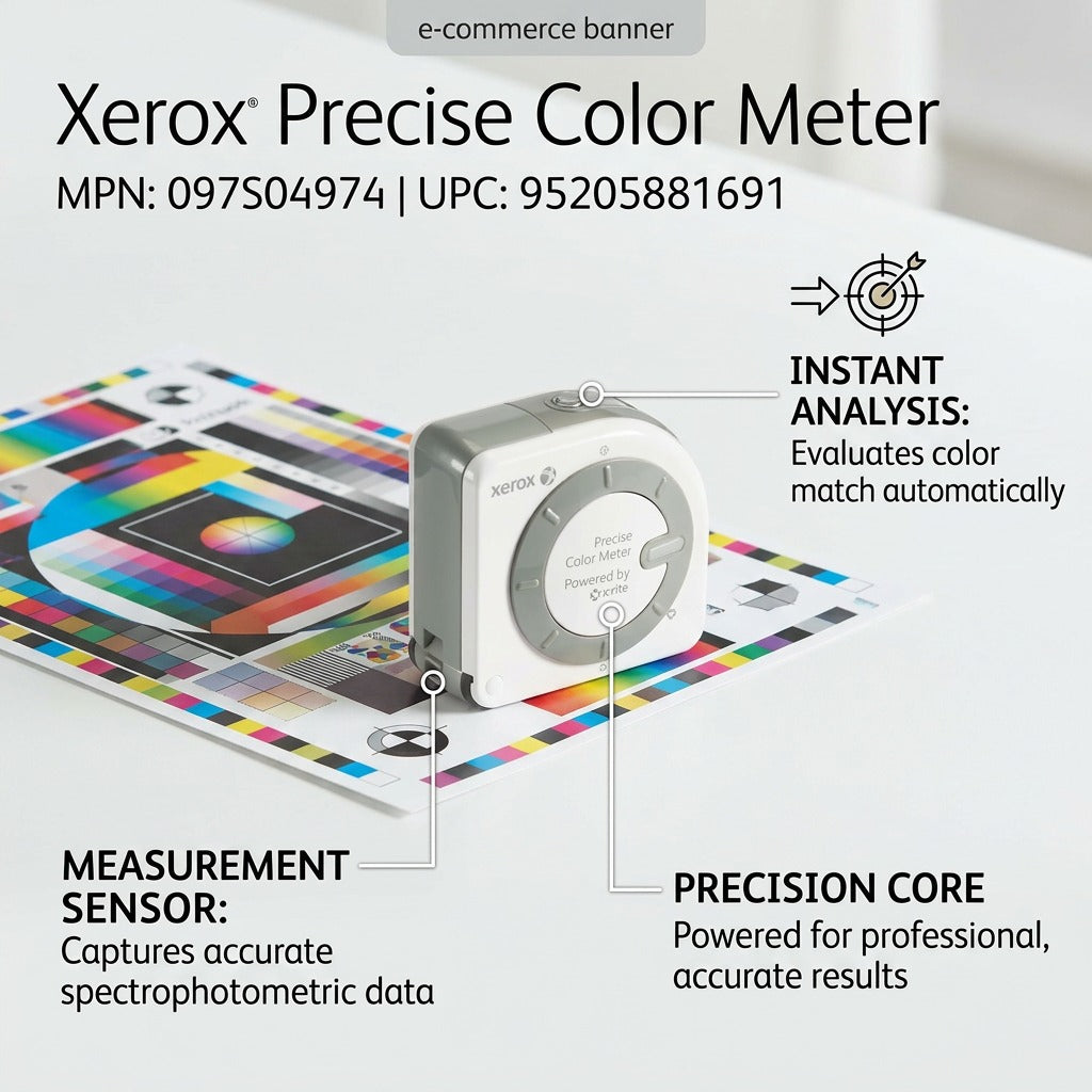 A Xerox Precise Color Meter e-commerce image highlighting its measurement sensor, precision core, and instant analysis features.