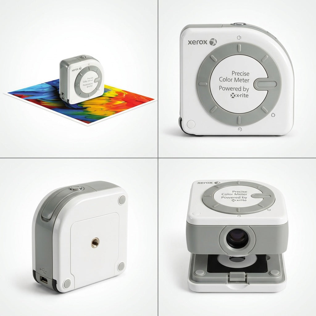 A 2x2 grid matrix displaying the exact Xerox Precise Color Meter from four different visual angles.