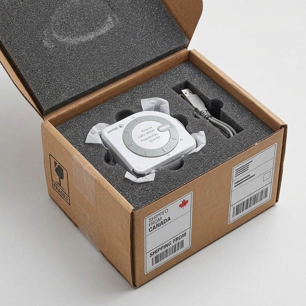 An unboxing scene showing the Xerox color meter, from image_0.png, safely secured within precise foam.