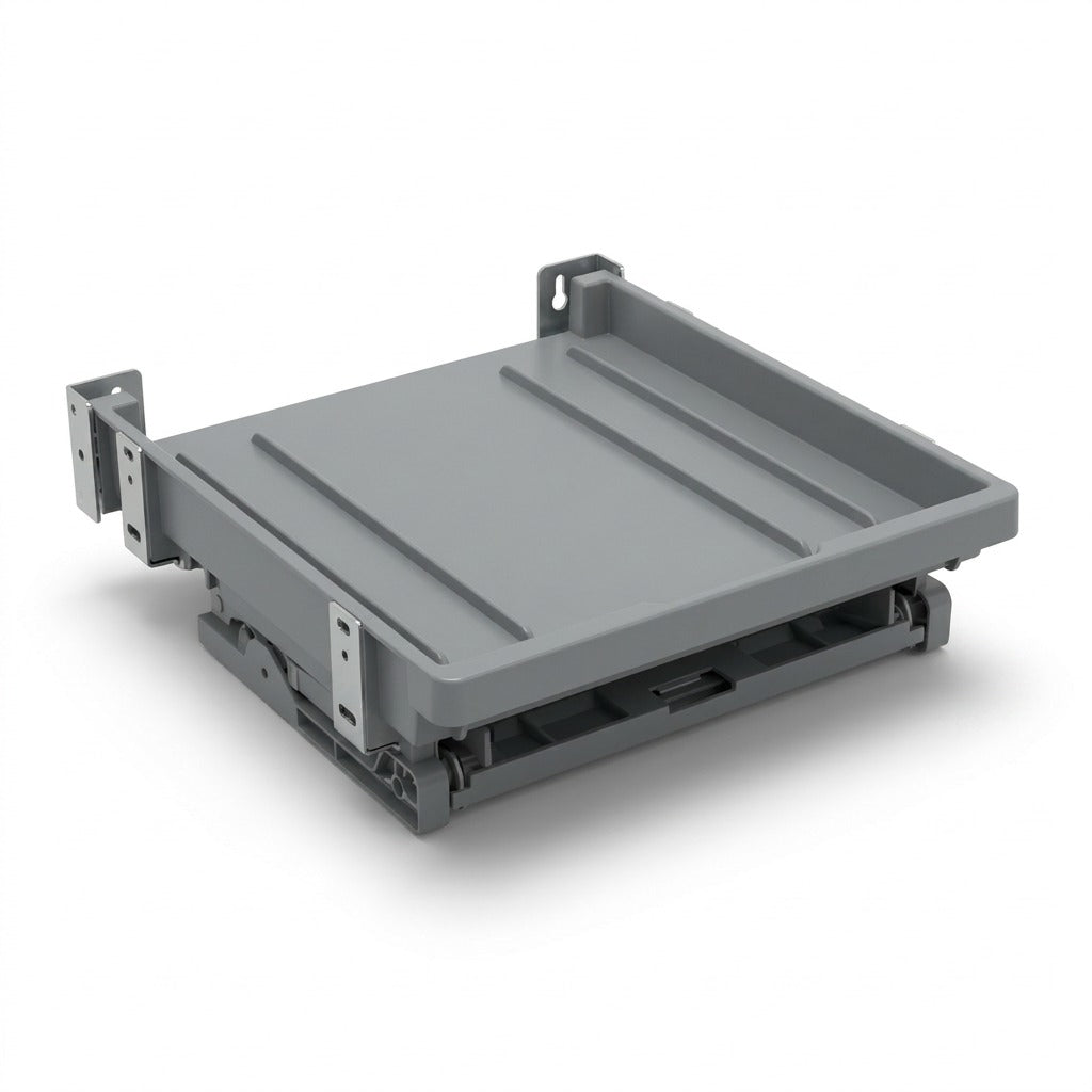 Hero shot of the Xerox Offsetting Catch Tray, a gray multi-level paper tray mechanism.